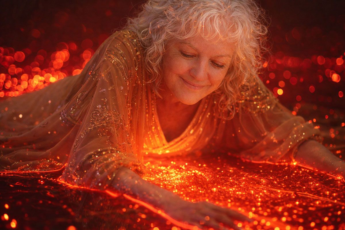 Fantasy imge depicting Deborah Christensen on a river of spiritual fire.  