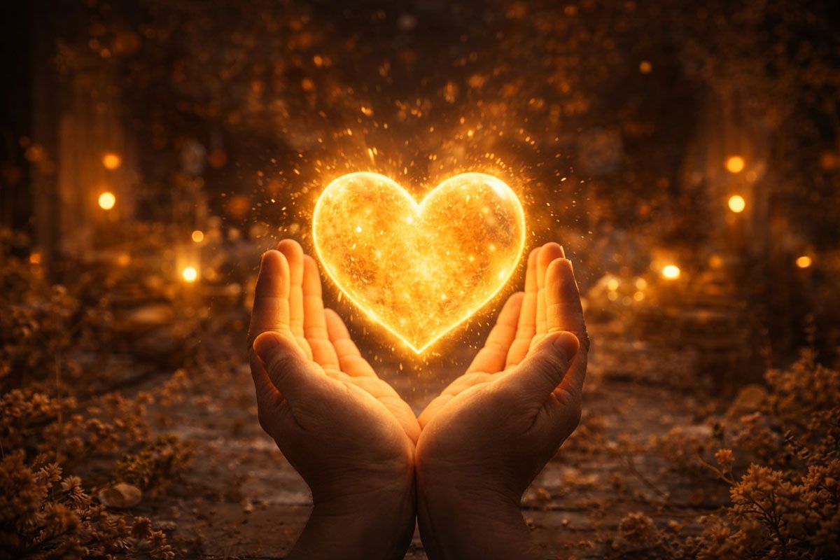 Hands holding a glowing heart in a sacred place.
