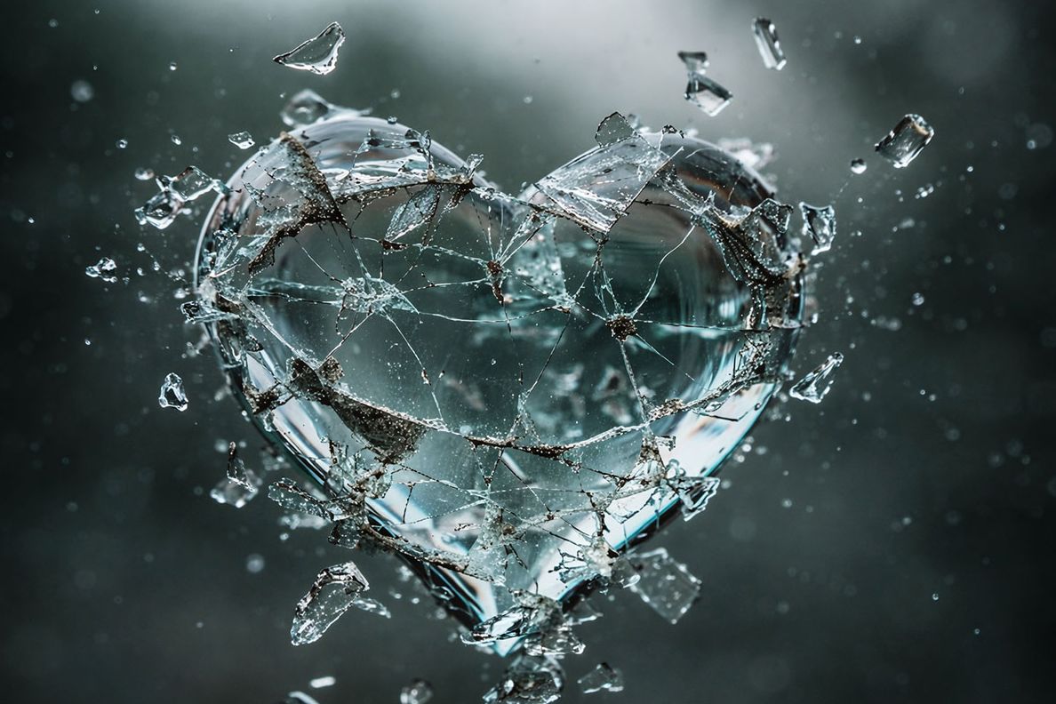 A heart made of glass as it shatters.