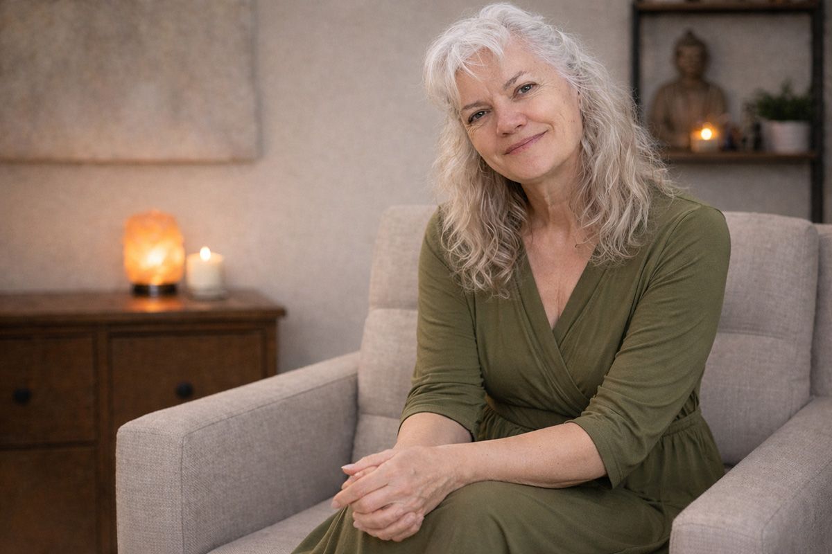 Deborah Christensen seated on a lounge chair in a peaceful room. 