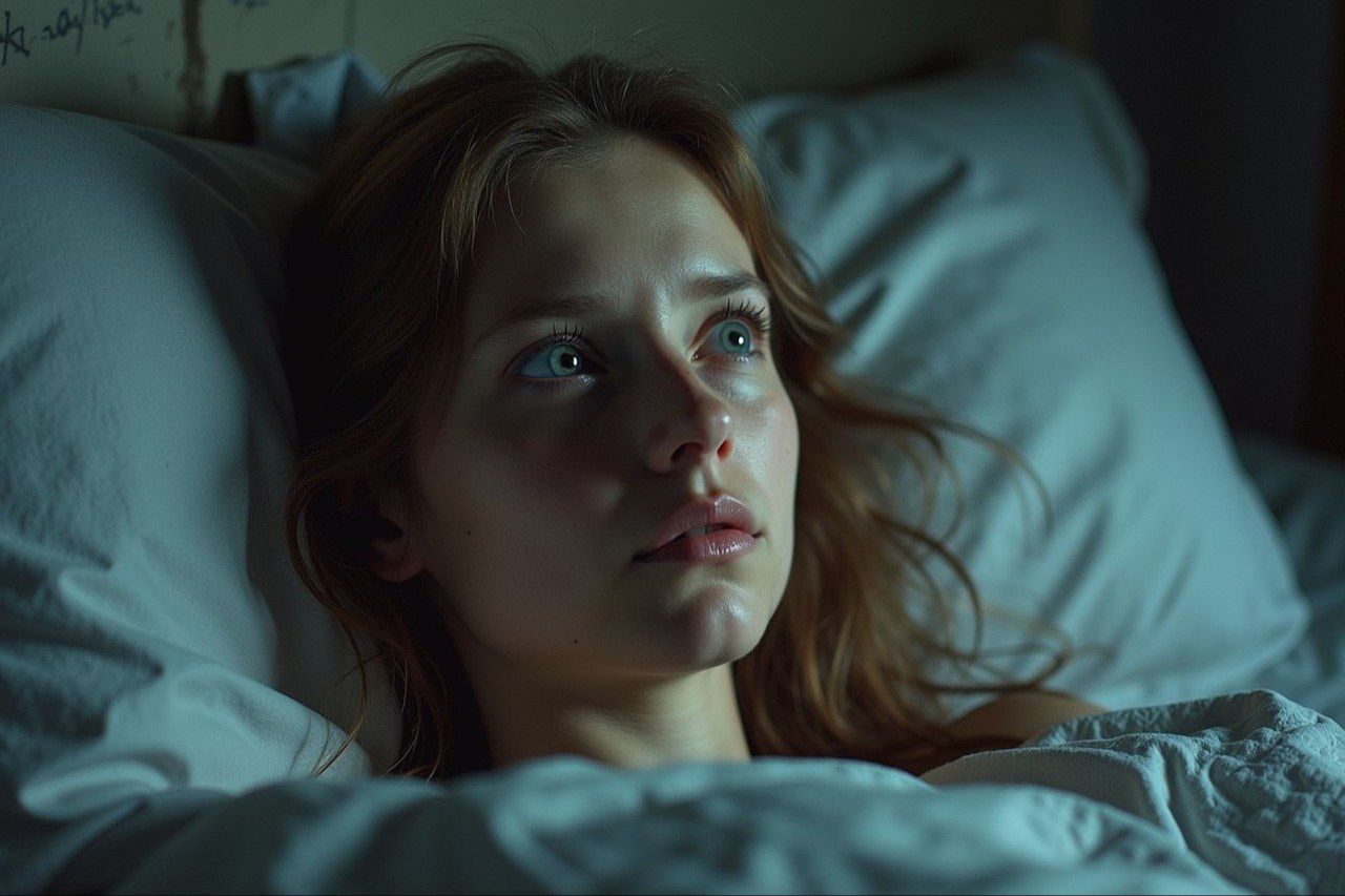 Tired young woman laying sleepless in bed.