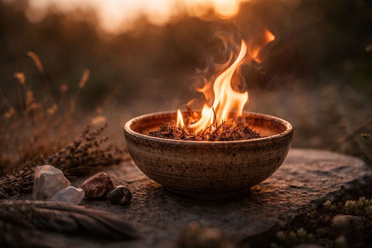 Small fire burning inside a ceremic bowl placed on a flat rock.