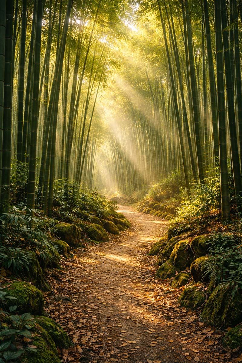 Path winding though a green bamboo grove with golden sunbeams. 