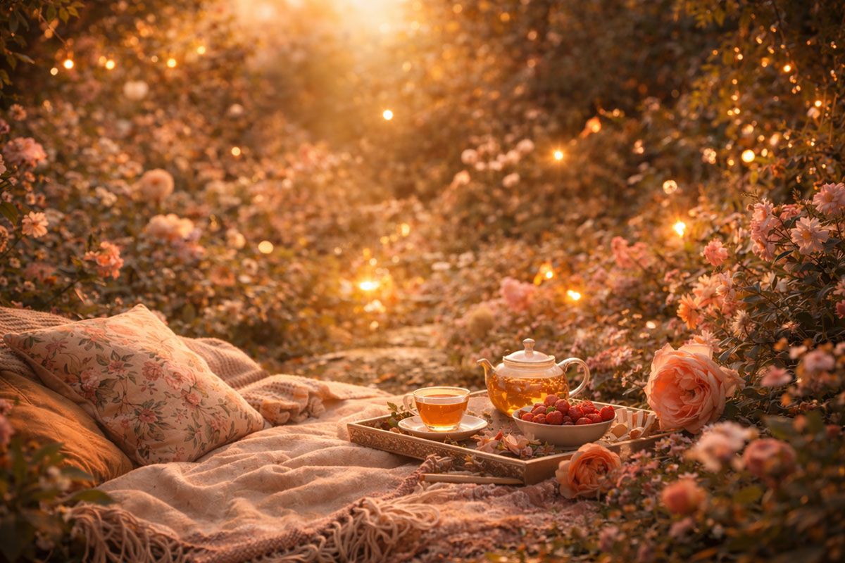 A lush pink garden setting with tea and picnic blankets. 