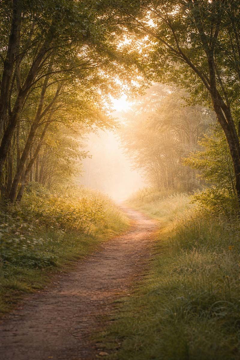 Walking track through a woodland on a sunlit day. 