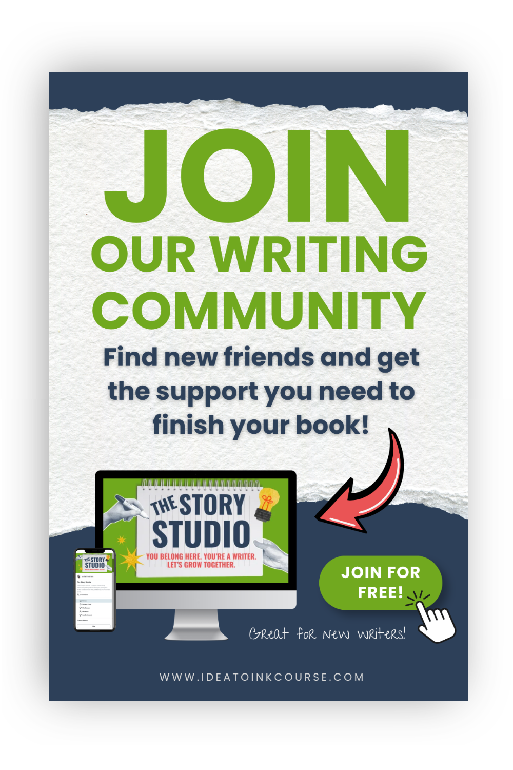 A promotional graphic showing a computer with a social media feed with the text, "join our writing community"