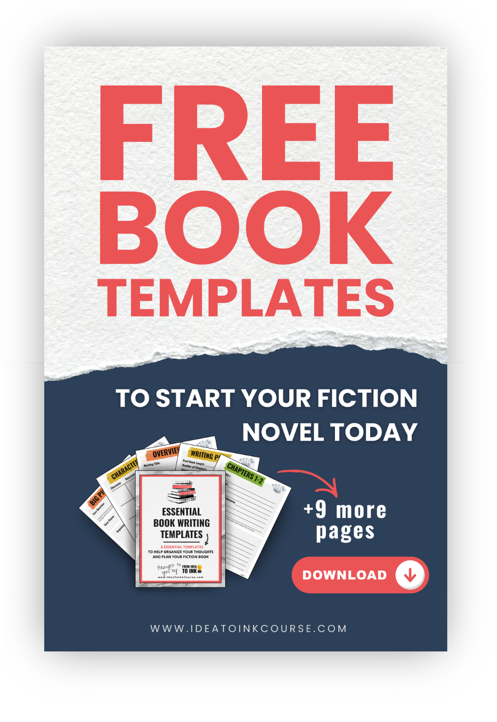 A promotional graphic offering free book templates for fiction writers. The top half has bold red text that says “Free Book Templates,” and the bottom half has dark blue text that reads “To start your fiction novel today.” Several sample template pages are fanned out, with the main one titled “Essential Book Writing Templates: 12 Essential Templates to Help Organize Your Thoughts and Plan Your Fiction Book.” A red arrow notes “+9 more pages,” and a red “Download” button appears below. The website “ideatoinkcourse.com” is displayed at the bottom.