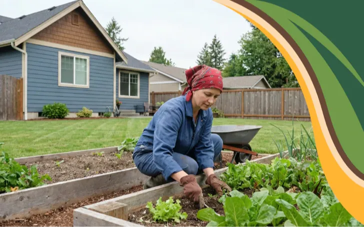 A middle-aged woman wearing a red bandana and denim work clothes kneels in a raised garden bed, tending leafy green vegetables in a suburban backyard. A wheelbarrow sits behind her, and houses and trees line the fenced yard.