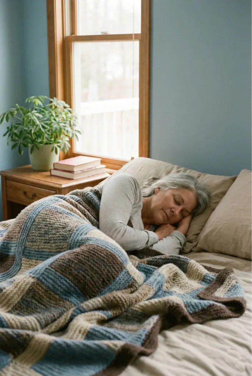 A candid, vertical photograph of an older woman with grey hair sleeping peacefully on her side in a cozy bed. She is covered by a chunky knitted blanket featuring muted blocks of blue, brown, and cream yarn. Soft natural light streams in from a window to her left, illuminating dust motes and a wooden nightstand holding a potted green plant and a stack of books. The bedroom walls are painted a soft, muted blue.