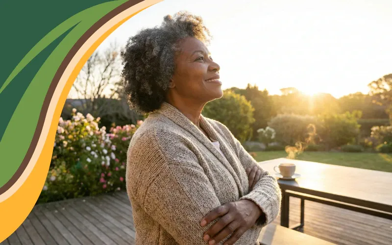 A smiling older African American woman with natural gray hair stands on a wooden deck, bathed in the warm golden light of sunrise. She wears a beige knit cardigan with her arms crossed, looking out over a lush garden with rose bushes. The sun is just rising over the trees in the background.