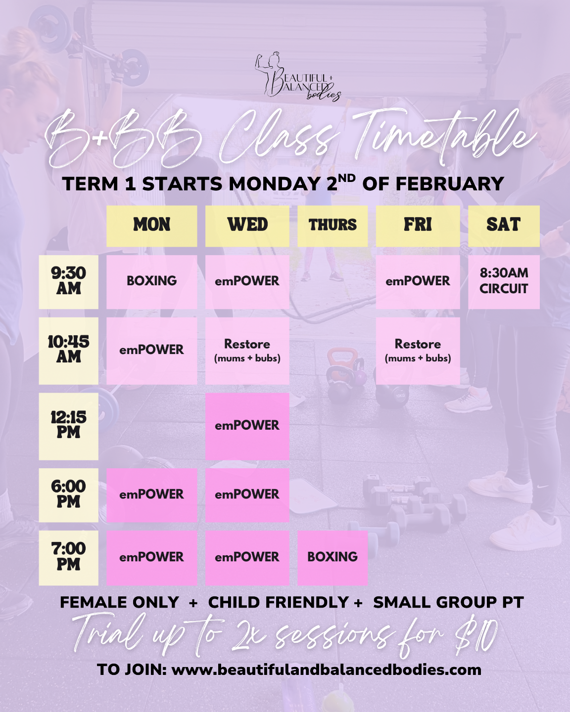 Group fitness timetable for small group personal training, female only, child friendly sessions in Sunbury Victoria