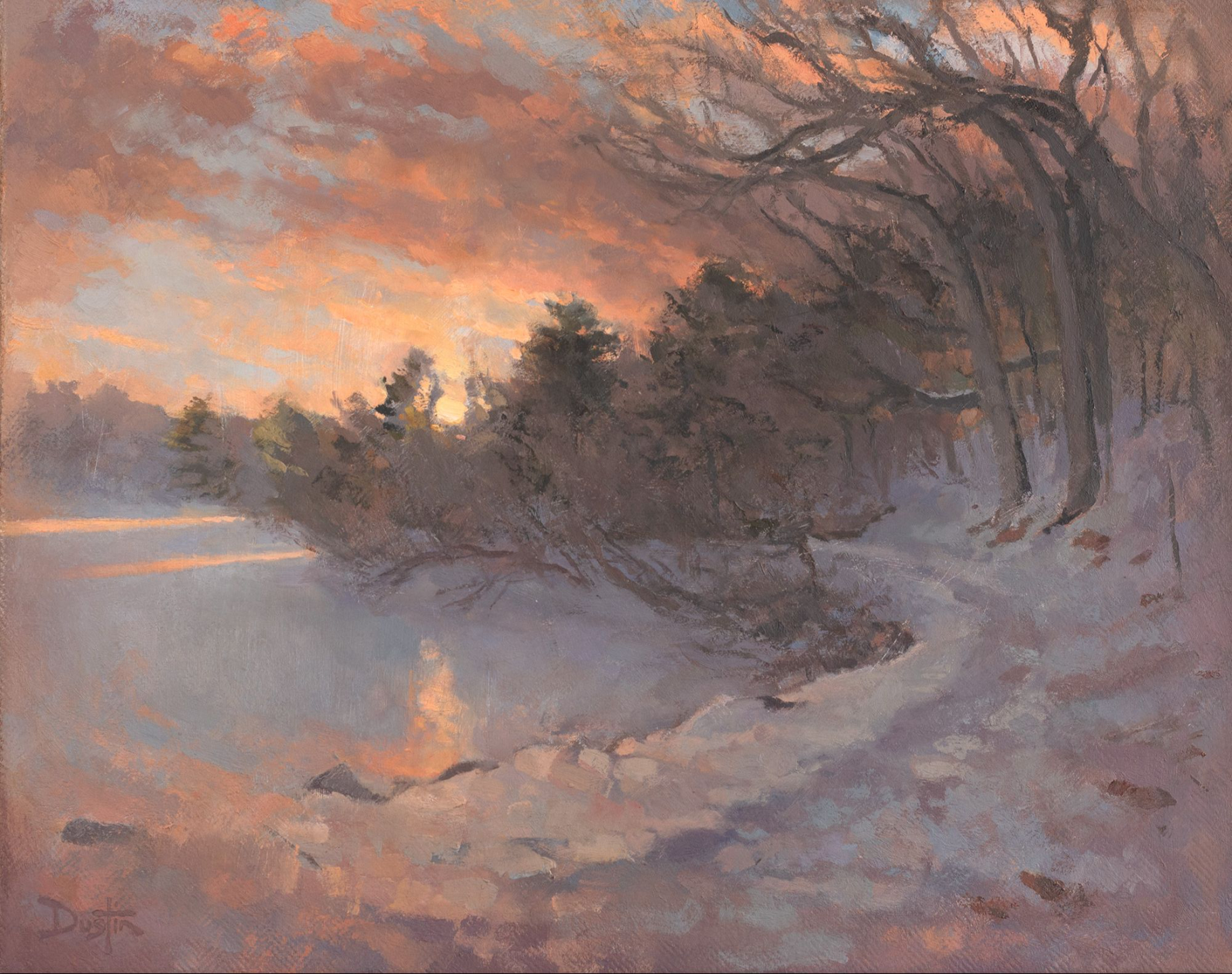 An oil painting of a snowy path curving around a frozen lake with trees arching over the path and a bright orange sunset dipping behind the trees