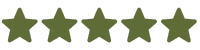A horizontal row of five solid olive-green stars, evenly spaced and identical in size and shape, representing a five-star rating or maximum positive review score.