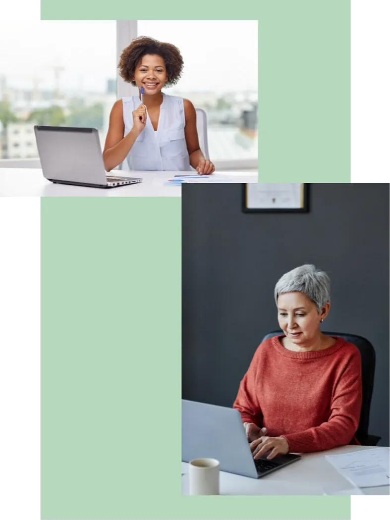 collage two female business owners with their laptops