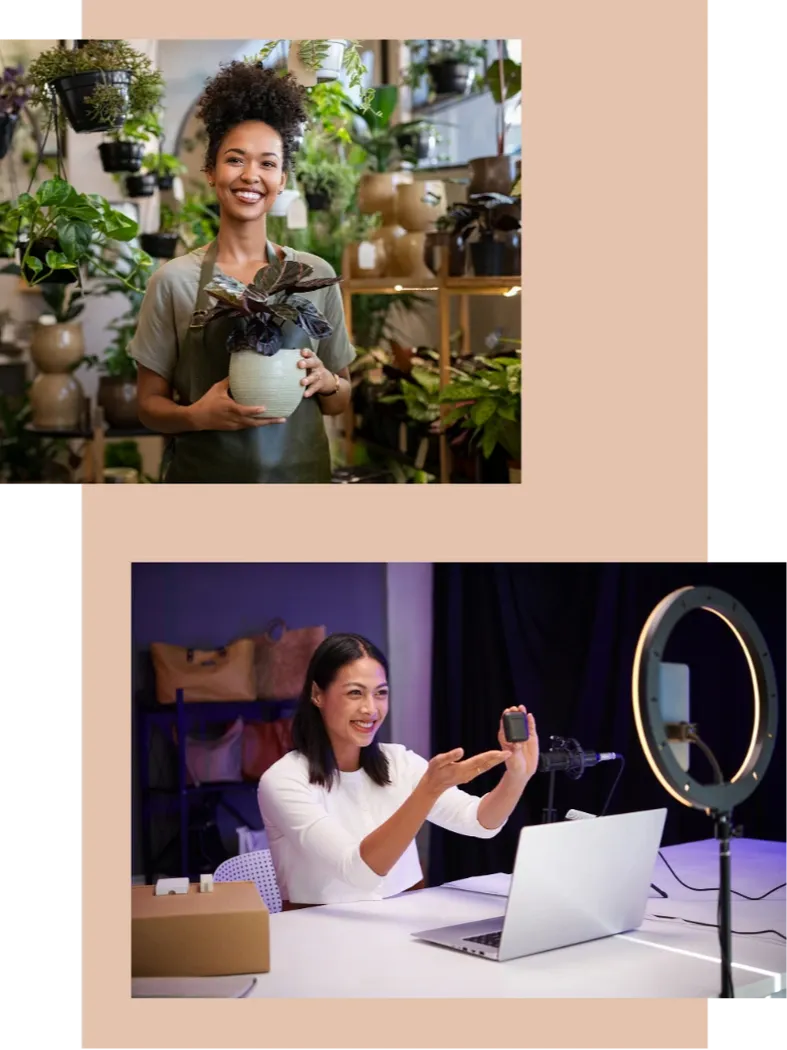 collage of two smiling women business owners in their workspace