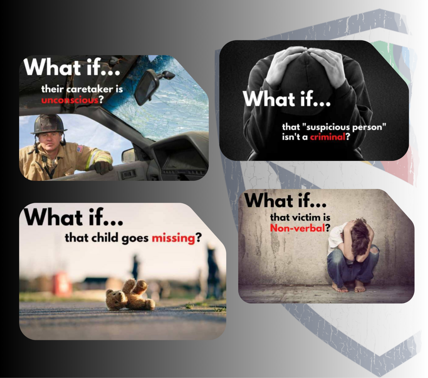 unconscious, suspicious, missing, non-verbal