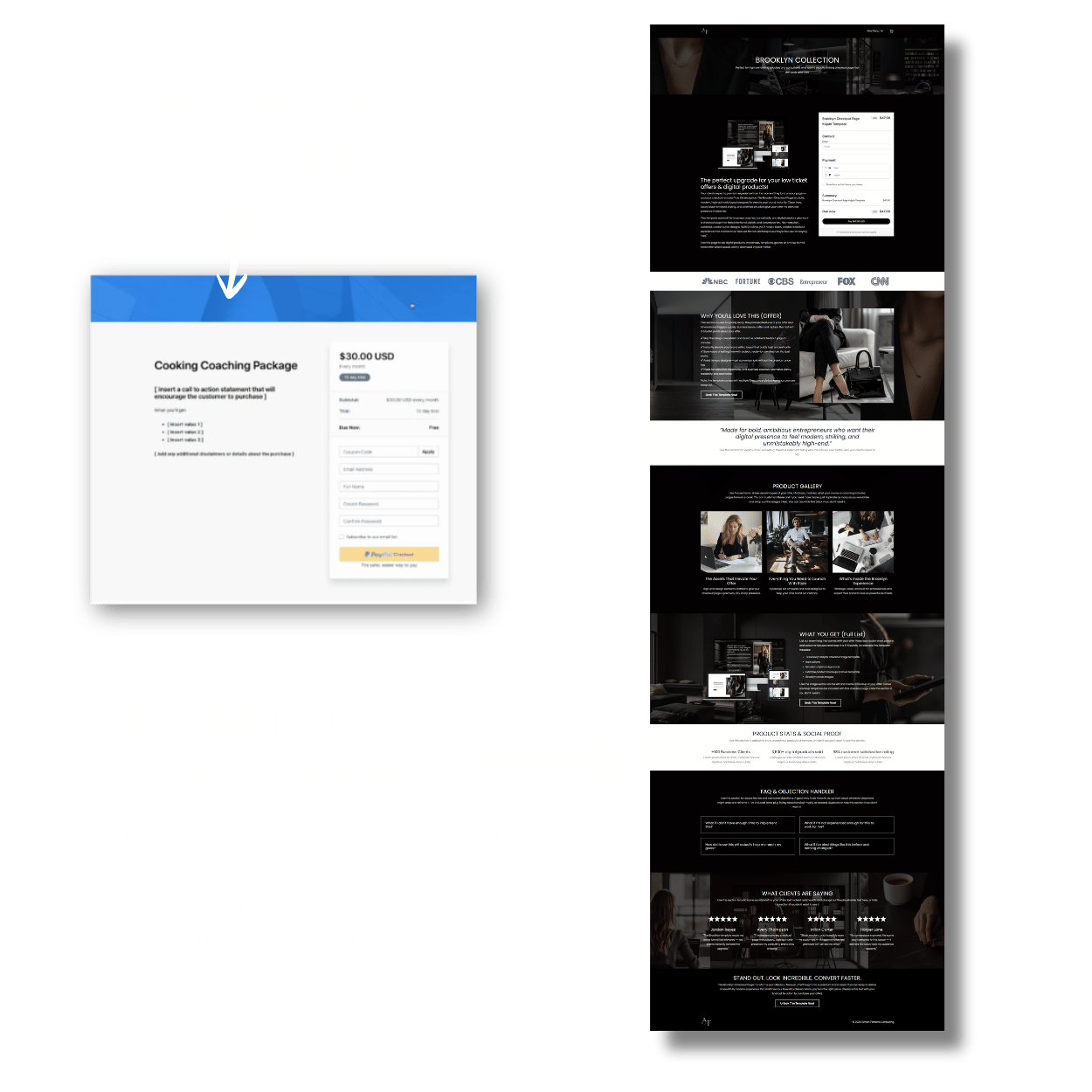 Before and after comparison of Kajabi checkout page templates showing outdated default checkout versus modern high-converting branded Kajabi checkout design