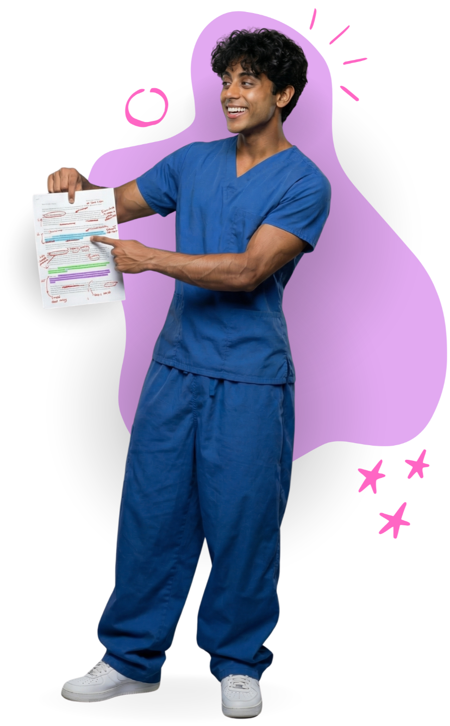 Image of the founder (Taffy) in scrubs pointing at an annotated essay.