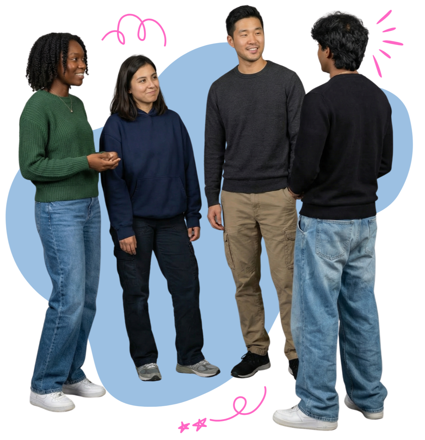 Photo of the four MedBound tutors discussing casually.