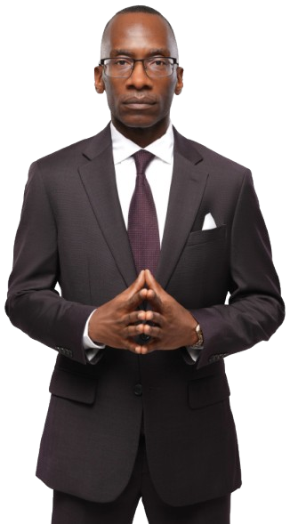 Full-body portrait of a man in a dark brown suit, white shirt, and burgundy tie, wearing glasses and standing with hands steepled against a transparent background.