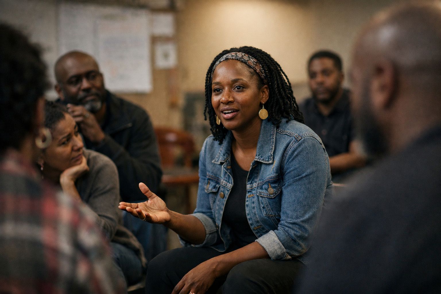 Five men and one woman sitting together in a group, talking and interacting with each other.
