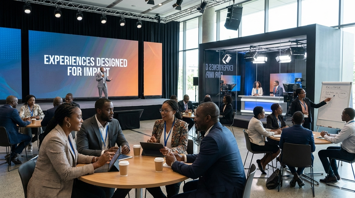 Multiple groups of people in one space: four sitting at a table having coffee, four around another table with a board, a person speaking on stage, and a broadcast setup visible in the background.