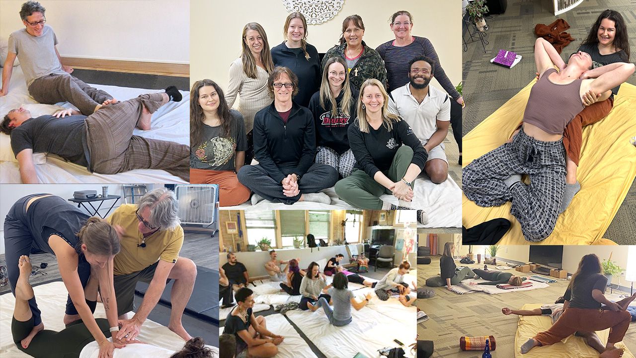 Collage of students learning Thai Bodywork techniques