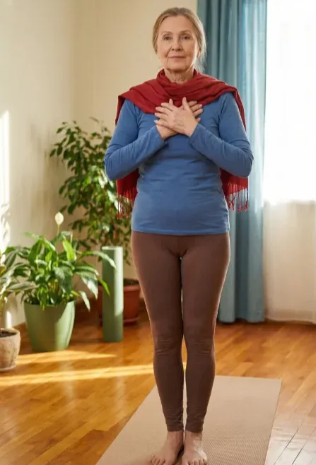 A woman in her late 50s stands in a calm living room with her hands over her heart, showing a steady and grounded approach to daily movement.