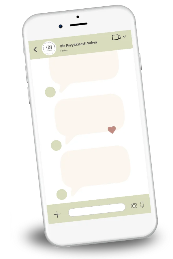 ole psyykkisesti vahva psyykkisen hyvinvoinnin verkkovalmennuksen whatsapp ryhmä puhelimen ruudulla