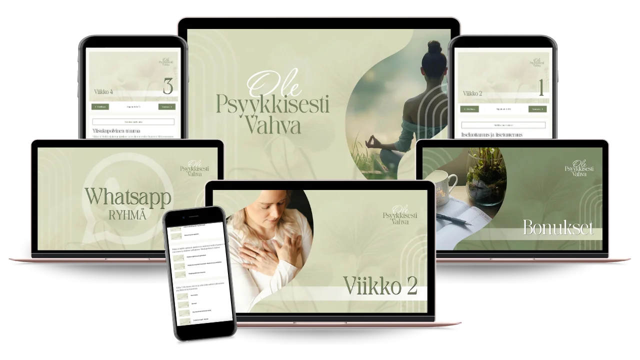 ole psyykkisesti vahva psyykkisen hyvinvoinnin verkkovalmennuksen sisältöä tietokoneruuduilla