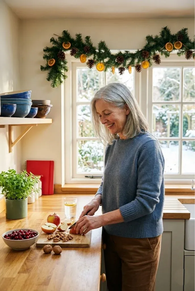 A woman in her 50s smiles while preparing apples and nuts in a holiday-decorated kitchen. She stands by a bright window with garland overhead, reflecting healthy holiday habits through simple, nourishing food prep.