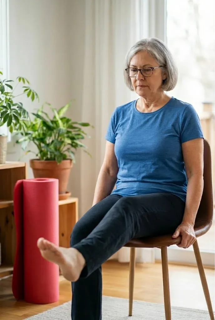 An older woman with grey hair and glasses, wearing a blue t-shirt and black pants, performs a seated leg extension while sitting on a brown chair. Her right leg is lifted straight out in front of her. She is in a bright living room with natural light coming from a window. A rolled-up red yoga mat and potted plants are in the background.
