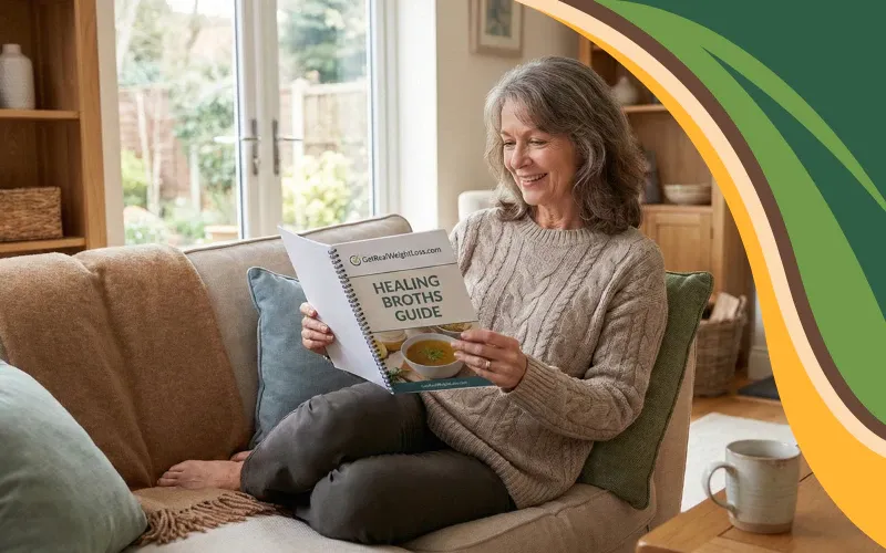 A woman in her 50s sitting comfortably on the floor by a couch, reading the Healing Broths Guide with a mug nearby, in a bright cozy living room.