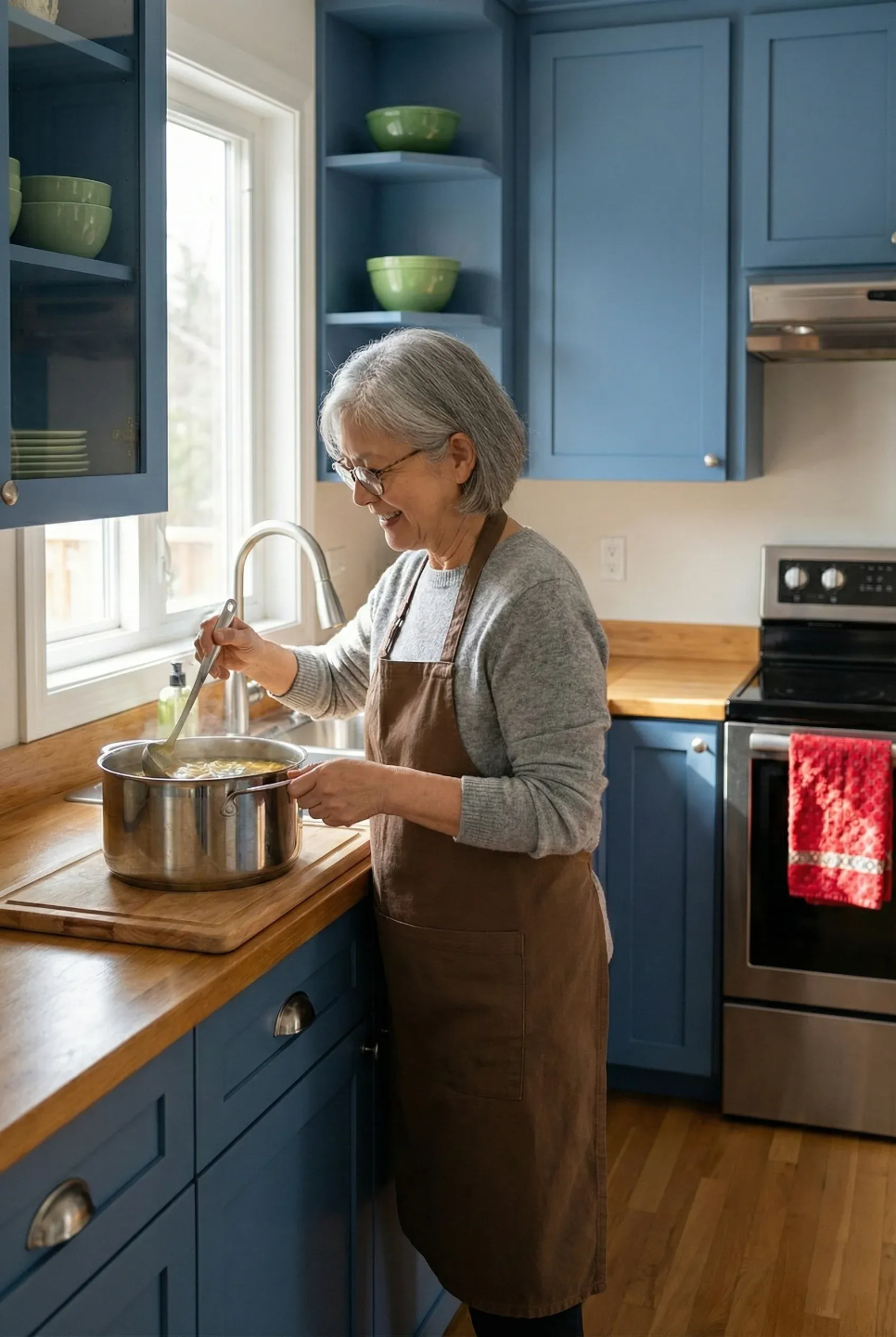 Older woman in a cozy kitchen stirring a pot on the stove, preparing homemade bone broth to support healthy aging.