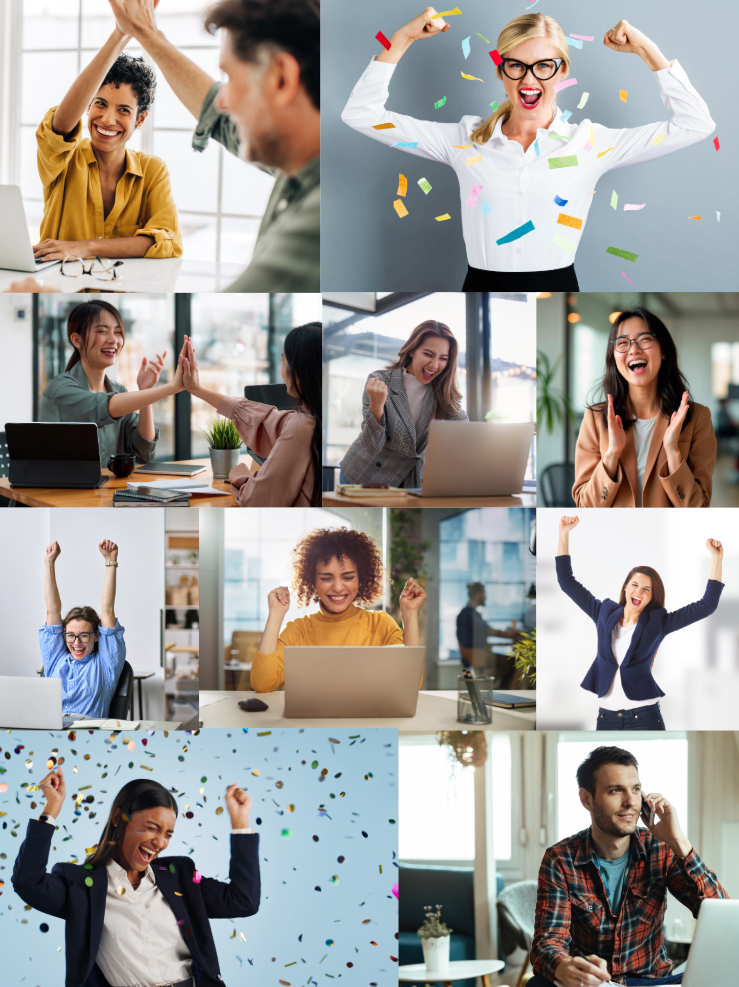Collage of business owners and entrepreneurs celebrating, some with confetti