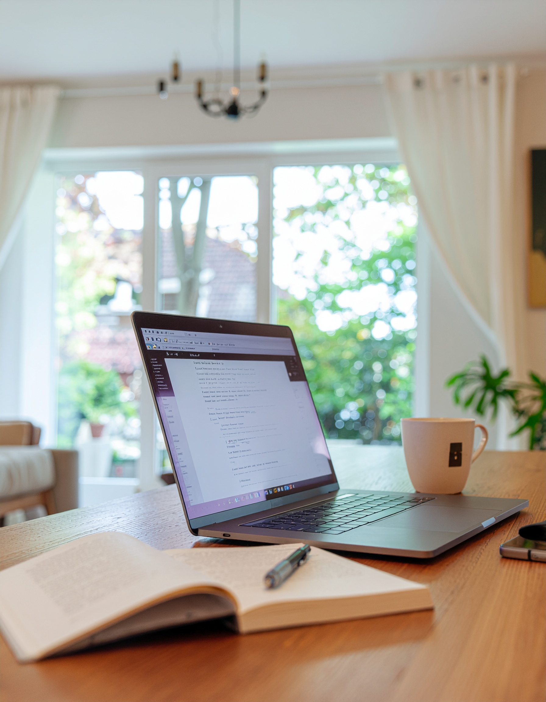 laptop on a desk in a brightly lit room, book and pen in the foreground.