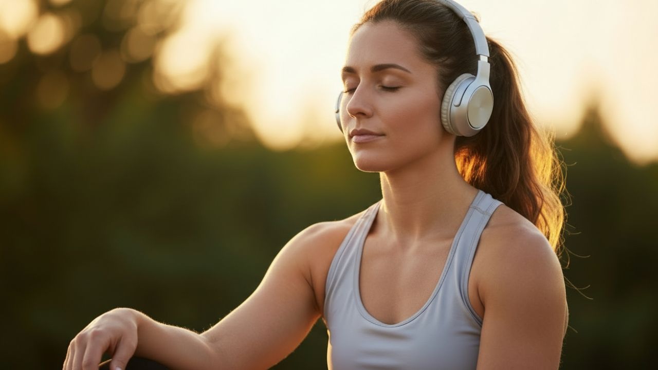 Unbreakable Mental Strength Bonus Featured Image of a Female Athlete Listening to a Visualization, Completely Relaxed and Calm