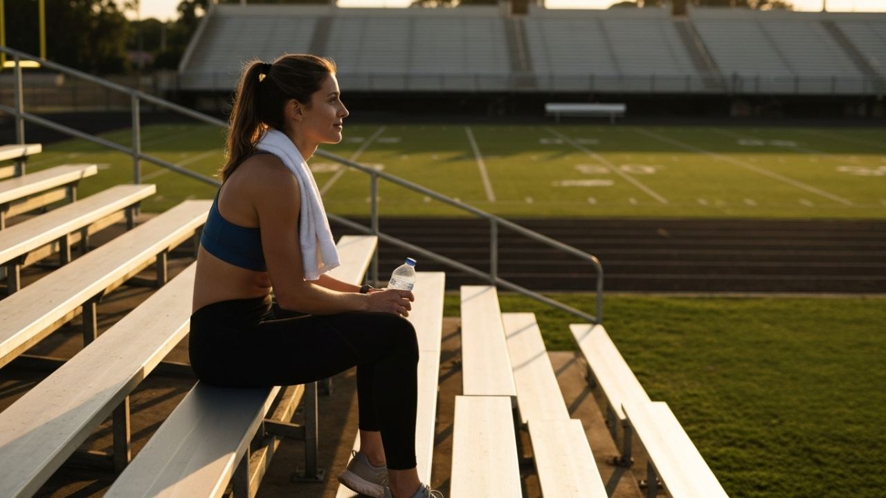 Unbreakable Mental Strength Module 3 Featured Image of a Female Athlete Sitting on The Bleachers After Practice, Looking Relaxed and Happy