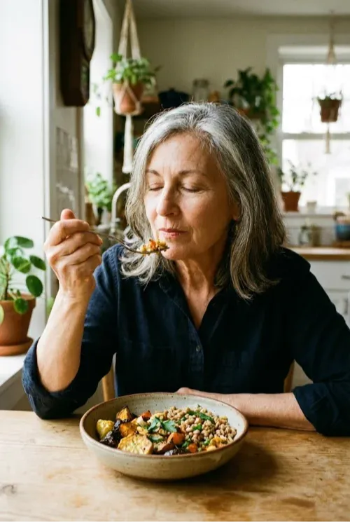 A woman in her 50s enjoying a nourishing meal at home, showing a calm and sustainable approach to eating.