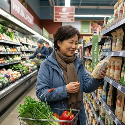 A thoughtful woman in her 50s stands in a grocery store aisle, reading a food label while holding a basket filled with fresh vegetables.