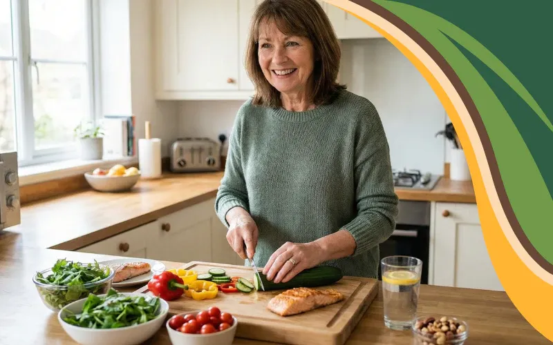 A candid photograph of a smiling woman in her late 50s with shoulder-length brown hair, wearing a green knit sweater. She stands in a bright home kitchen with cream cabinets and wooden countertops, slicing a cucumber on a large wooden cutting board. Surrounding her are healthy ingredients: a piece of grilled salmon, sliced red and yellow bell peppers, bowls of leafy greens and cherry tomatoes, a small bowl of nuts, and a glass of water with a lemon slice.