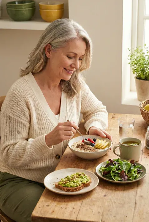 A woman in her 60s sits at a wooden table eating a balanced, fiber-rich meal with vegetables and whole foods in a calm kitchen setting.