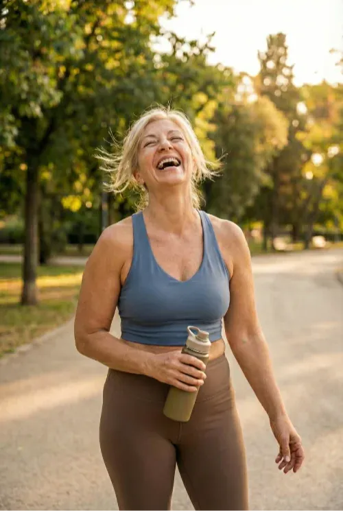 A candid outdoor photo shows a joyful older woman with blonde, windblown hair laughing with her head tilted back. She wears a blue sports bra and brown leggings, holding a brown water bottle in her hand. She stands on a paved path in a park, with sunlit trees and foliage in the background.