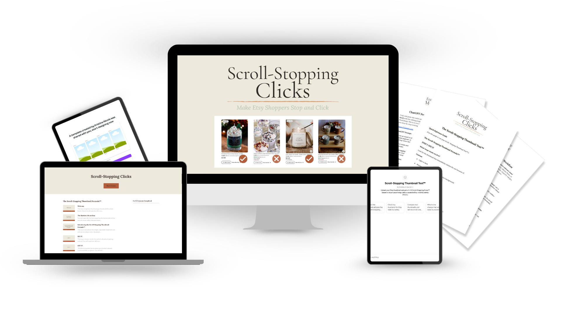 Scroll-Stopping Clicks course mockup showing lessons, templates, and AI prompts that help makers choose the right thumbnail.
