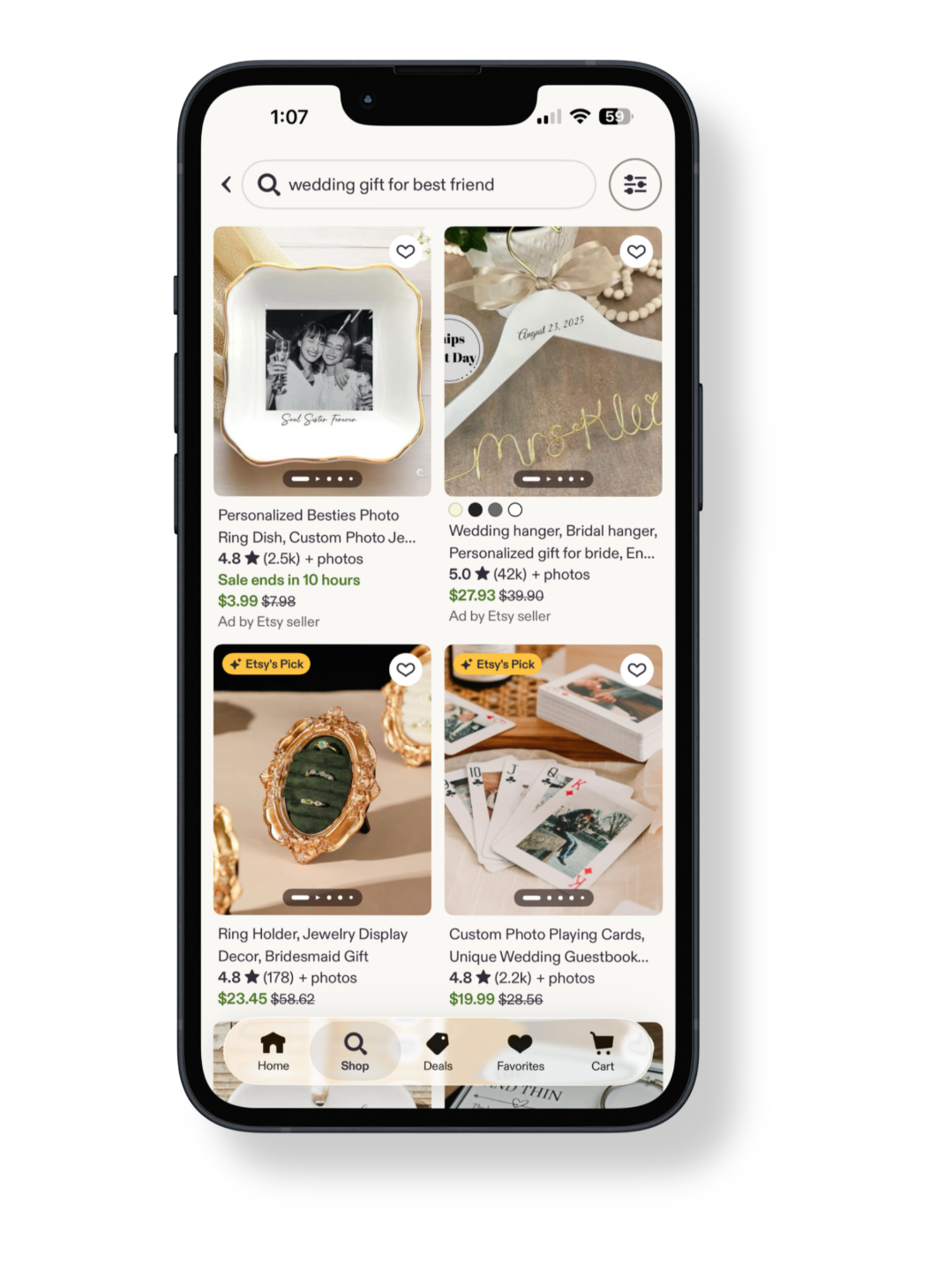 Screenshot of an Etsy search for ‘wedding gift for best friend’ 