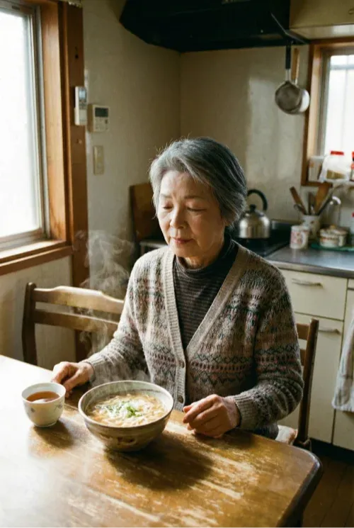 An older woman sits at a wooden kitchen table, calmly eating a bowl of soup in soft natural light, reflecting a mindful, nourishing mealtime at home.