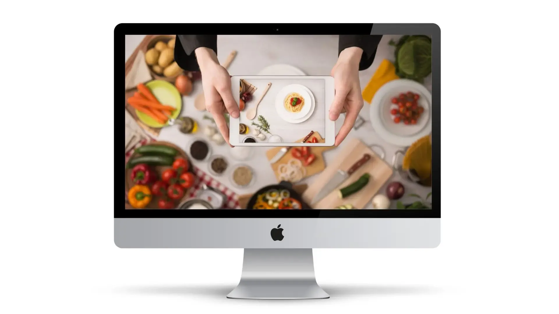 A computer screen with food
