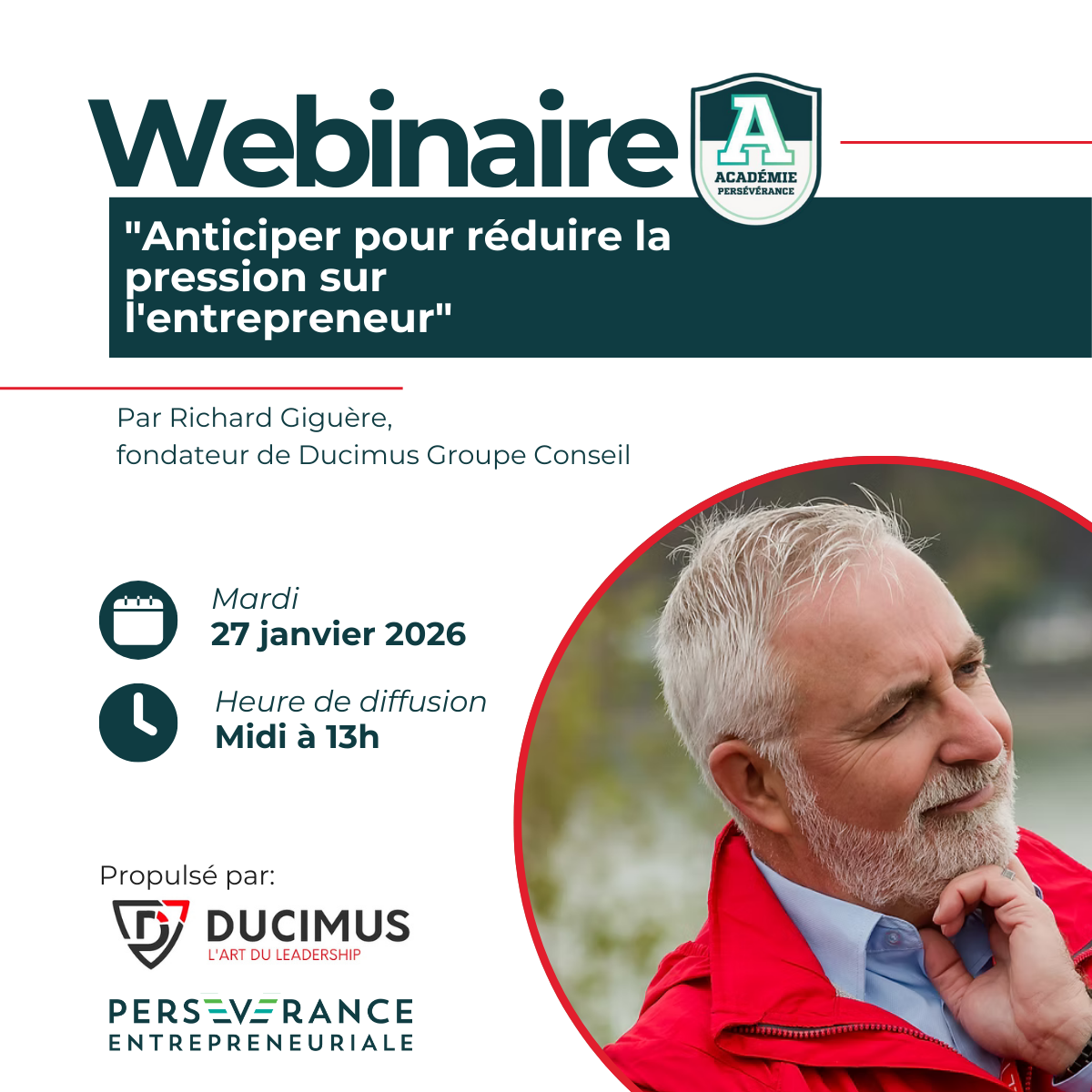 Visuel promotionnel pour le webinaire "Quand la flamme vacille" de Persévérance Entrepreneuriale. Présente Caroline Faucher, coach experte, avec la date (Mardi 18 novembre 2025, Midi) et l'Académie Persévérance. Mot-clé : soutien entrepreneur, épuisement, coaching.