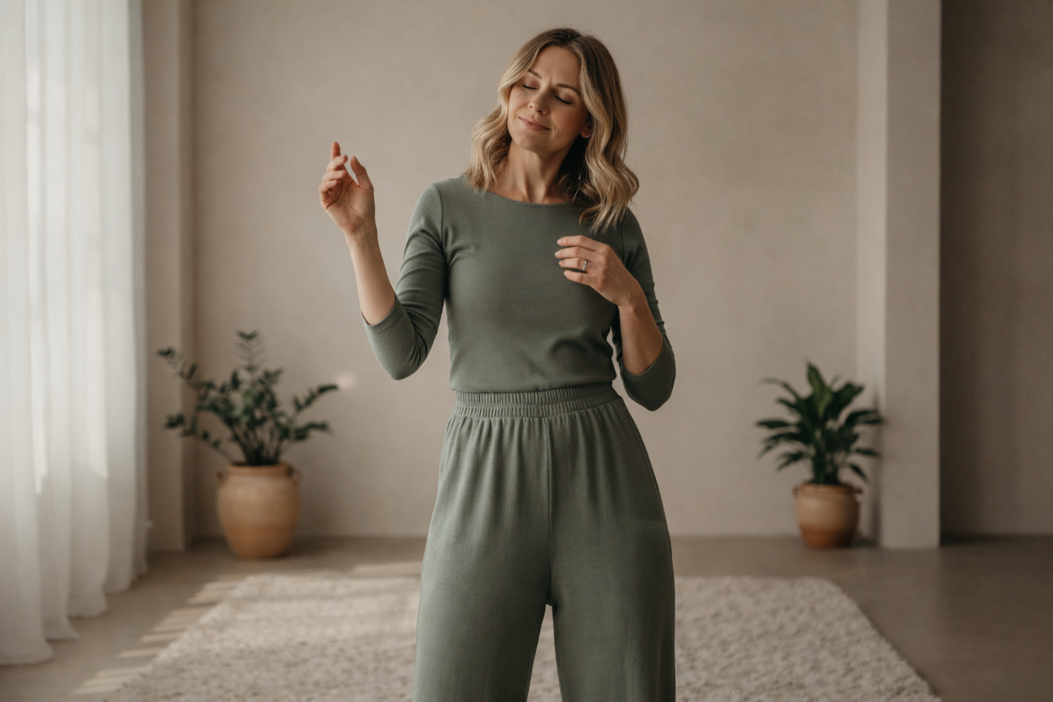 Woman doing gentle somatic movement in a warm living room