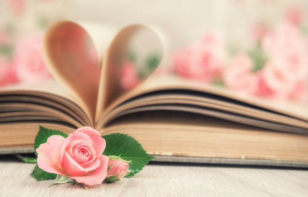 A book is open and two pages folded together to make a heart. 